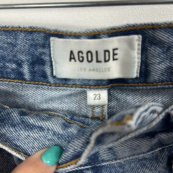 AGOLDE criss cross button fly denim shorts raw hem size 23 - Picture 3 of 14